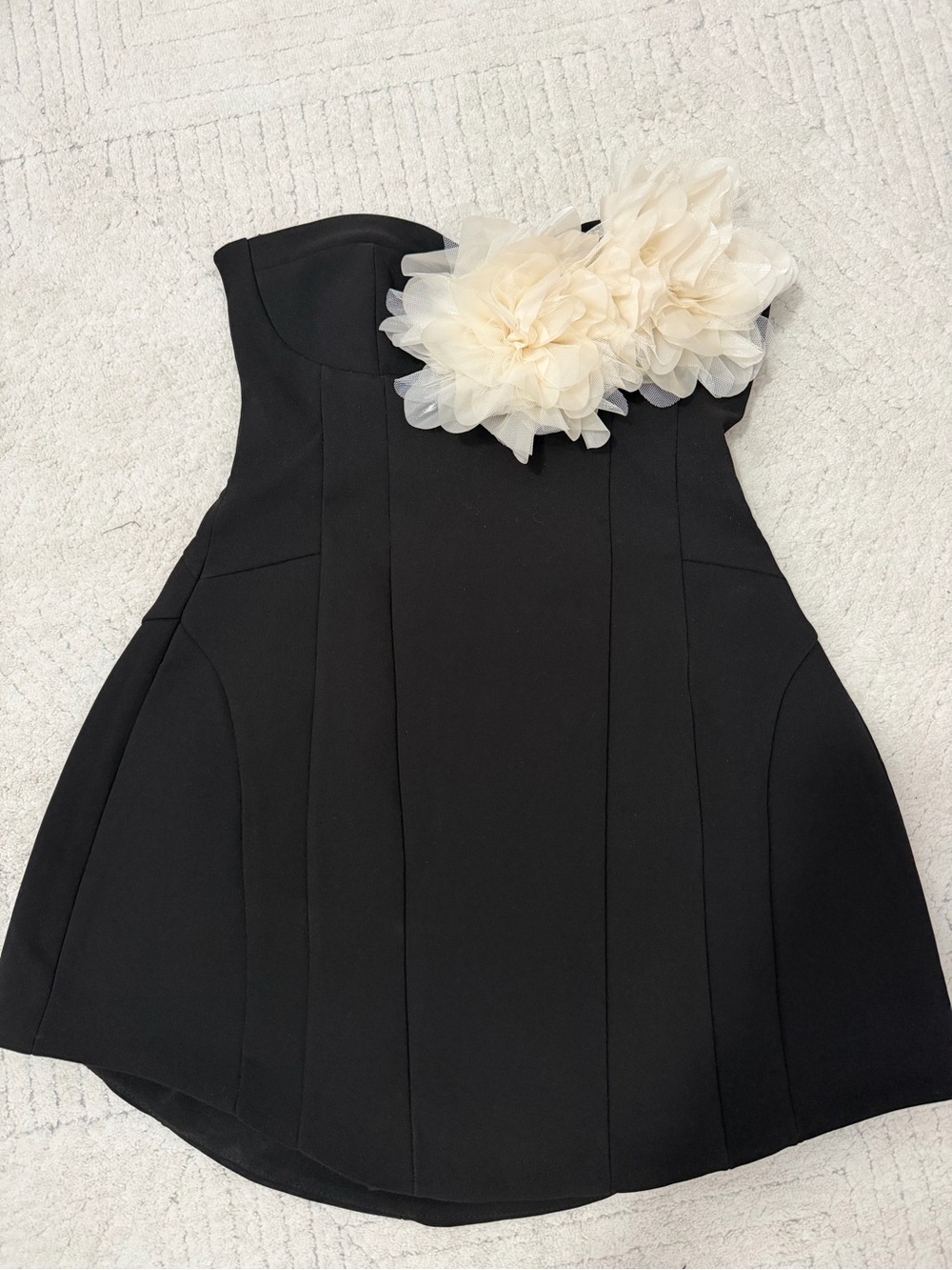 Zara Black Strapless Dress with Cream Floral Shoulder